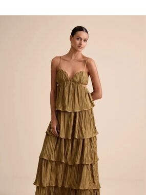 Lulu's Golden Olive Tiered Spaghetti-Strap Maxi Dress